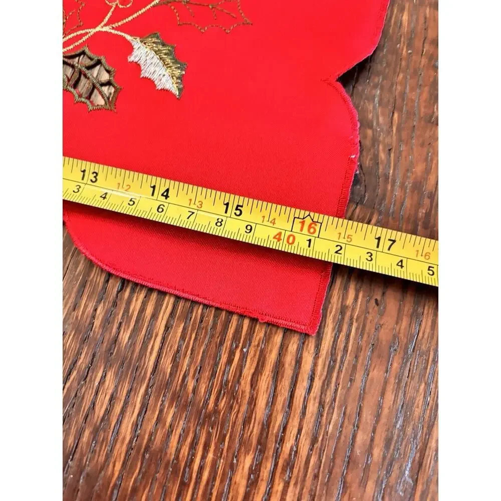 12 Christmas Holiday Dinner Napkins Red Satin Embroidered Holly Berries 17x17